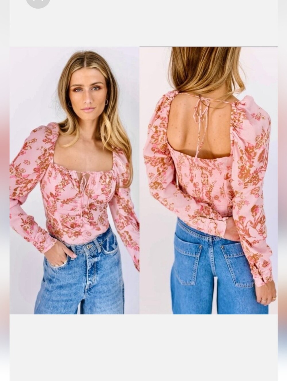Free People Hilary Printed Top Pink Combo XL Floral Smocked Puff Sleeve Blouse.